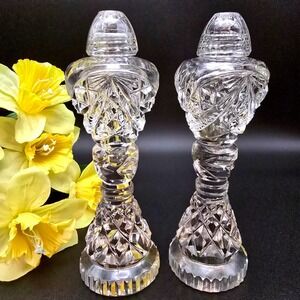 Vintage Bohemia Crystal Salt and Pepper Shakers Set Hand Cut Clear Glass 6.5"